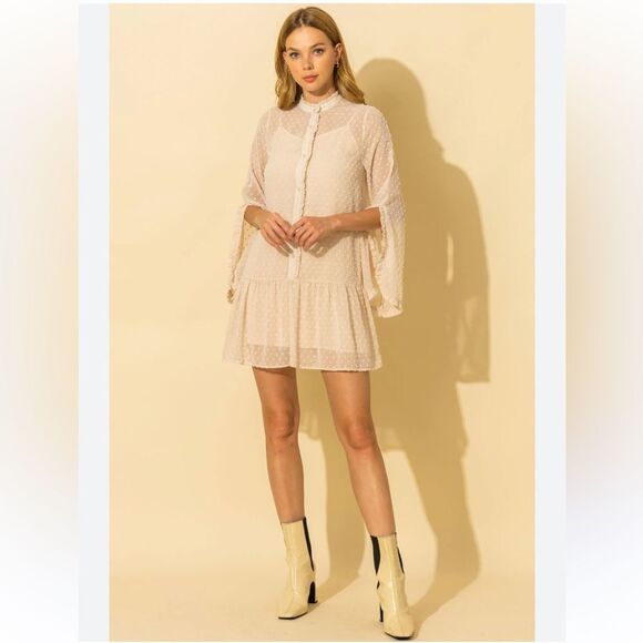New Hyfve Cream Swiss Dot Ruffle Chiffon Mini Dress Boho - Picture 1 of 8